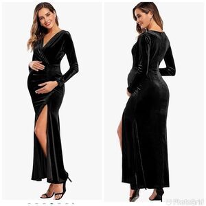 NWT Elegant Velvet Formal Dress Long Sleeve Wedding Guest with slit Dress
